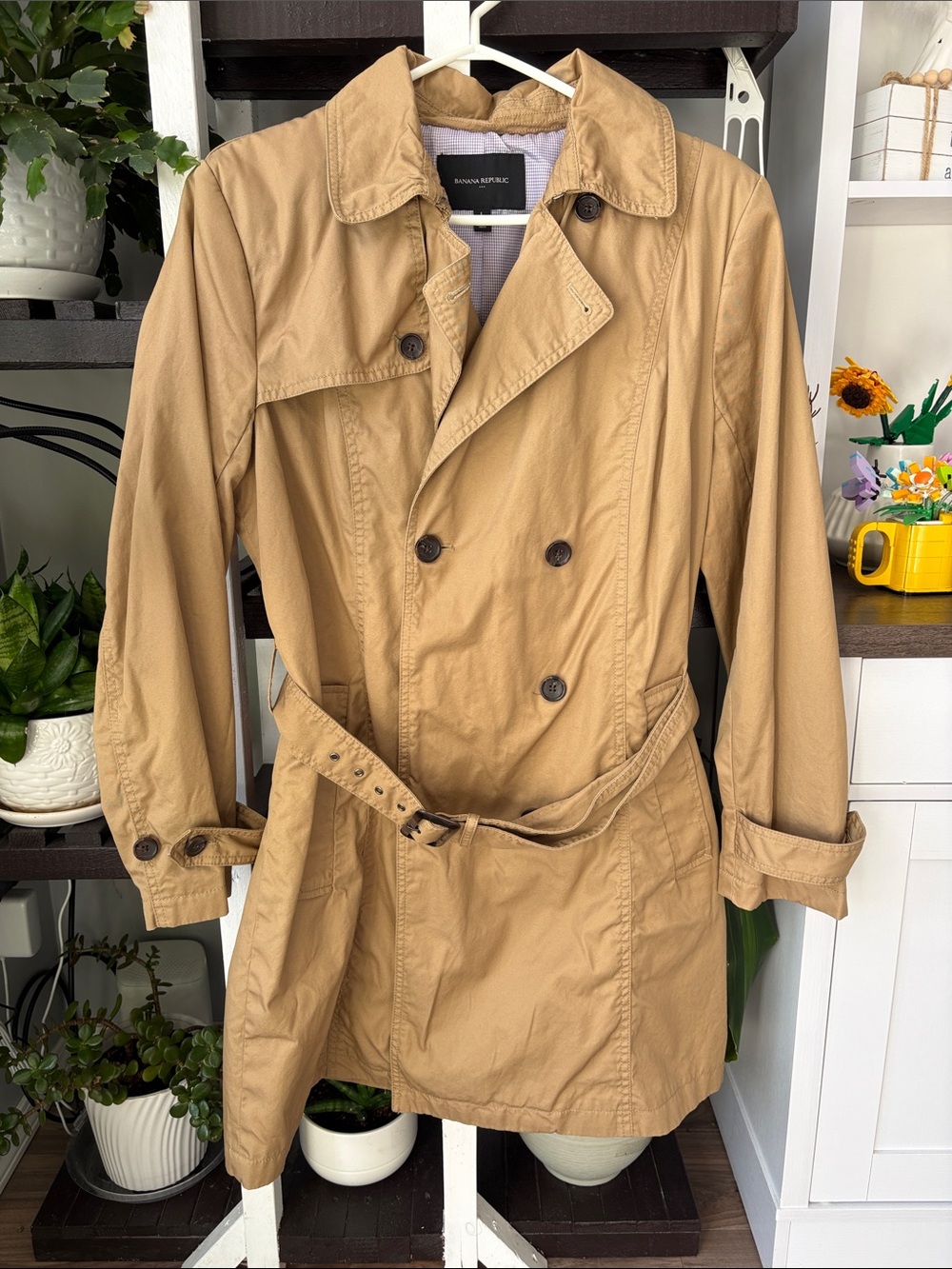 Banana Republic Khaki Double-Breasted Trench with Belt
